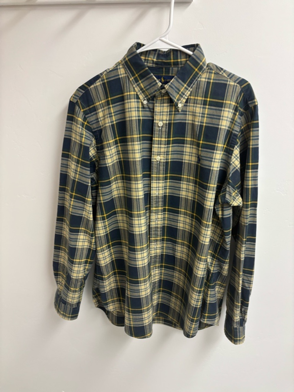 RALPH LAUREN SHIRT  MEN SIZE LARGE
NAVY  BLUE & YELLOW PLAID LONG SLEEVES